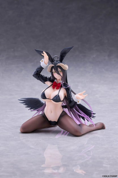 Albedo MOFLOCK Reverse Bunny Suit figure wearing a glossy black outfit with bunny ears, sheer stockings, horns, and black wings.