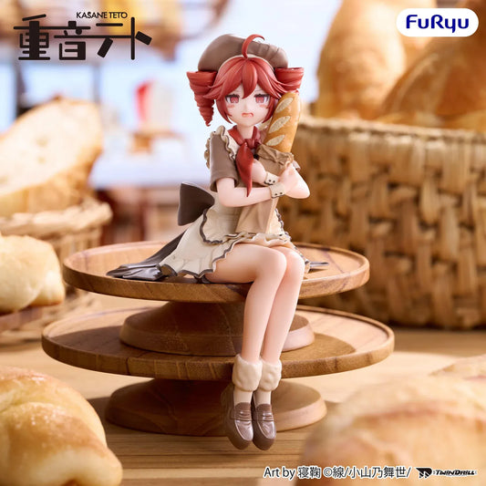 Kasane Teto Baguette Ver. Noodle Stopper figure seated in a brown beret and ruffled cream outfit, hugging a baguette in a paper bag.