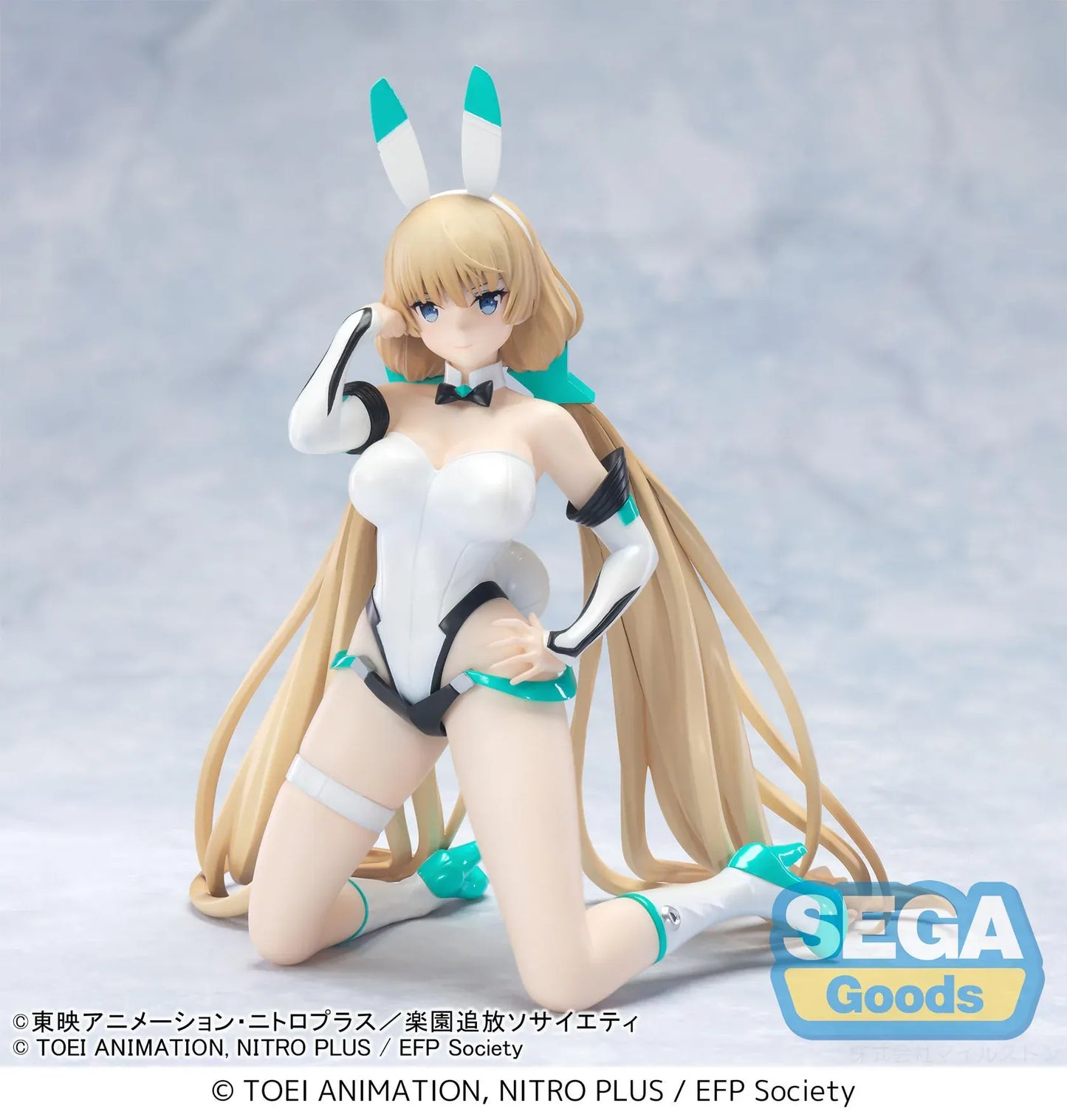 Expelled from Paradise Angela Balzac Cyber Bunny Figure by SEGA Goods featuring Angela in a white futuristic bunny suit with teal accents.