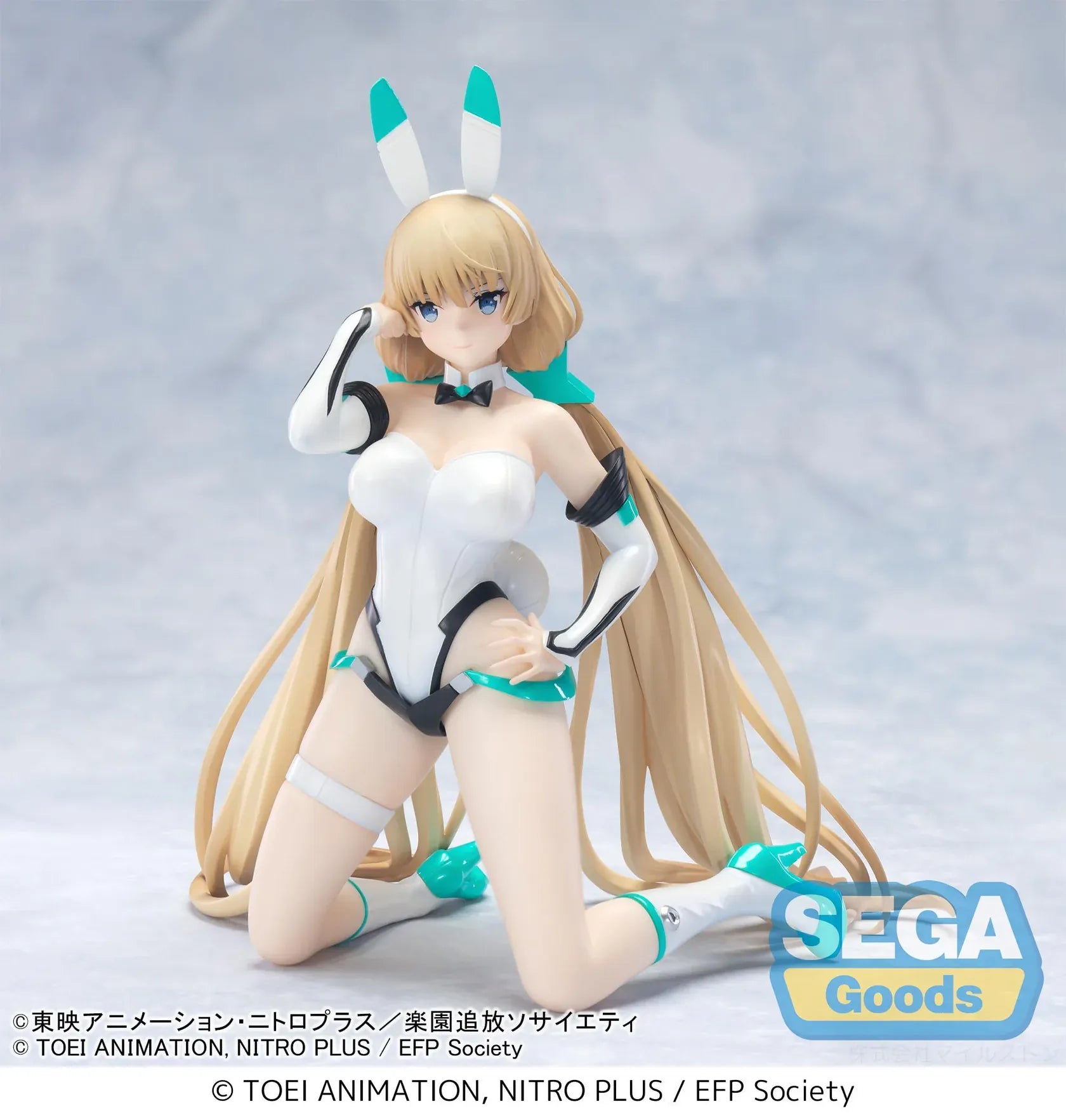 Expelled from Paradise Angela Balzac Cyber Bunny Figure by SEGA Goods featuring Angela in a white futuristic bunny suit with teal accents.