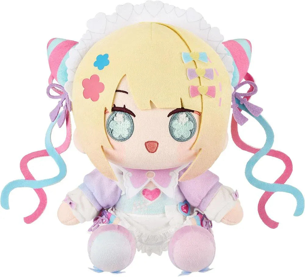 NEEDY STREAMER OVERLOAD Chinese Restaurant Series Huggy Doll OMGkawaiiAngel featuring a blonde-haired anime girl with mint-green embroidered eyes, pastel pink and blue ribbons, a frilly outfit, and a cute seated plush design.