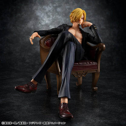 One Piece Portrait of Pirates S.O.C. Sanji Ver.R Figure seated in a chair with black suit, blonde hair, cigarette accessory, and relaxed pose