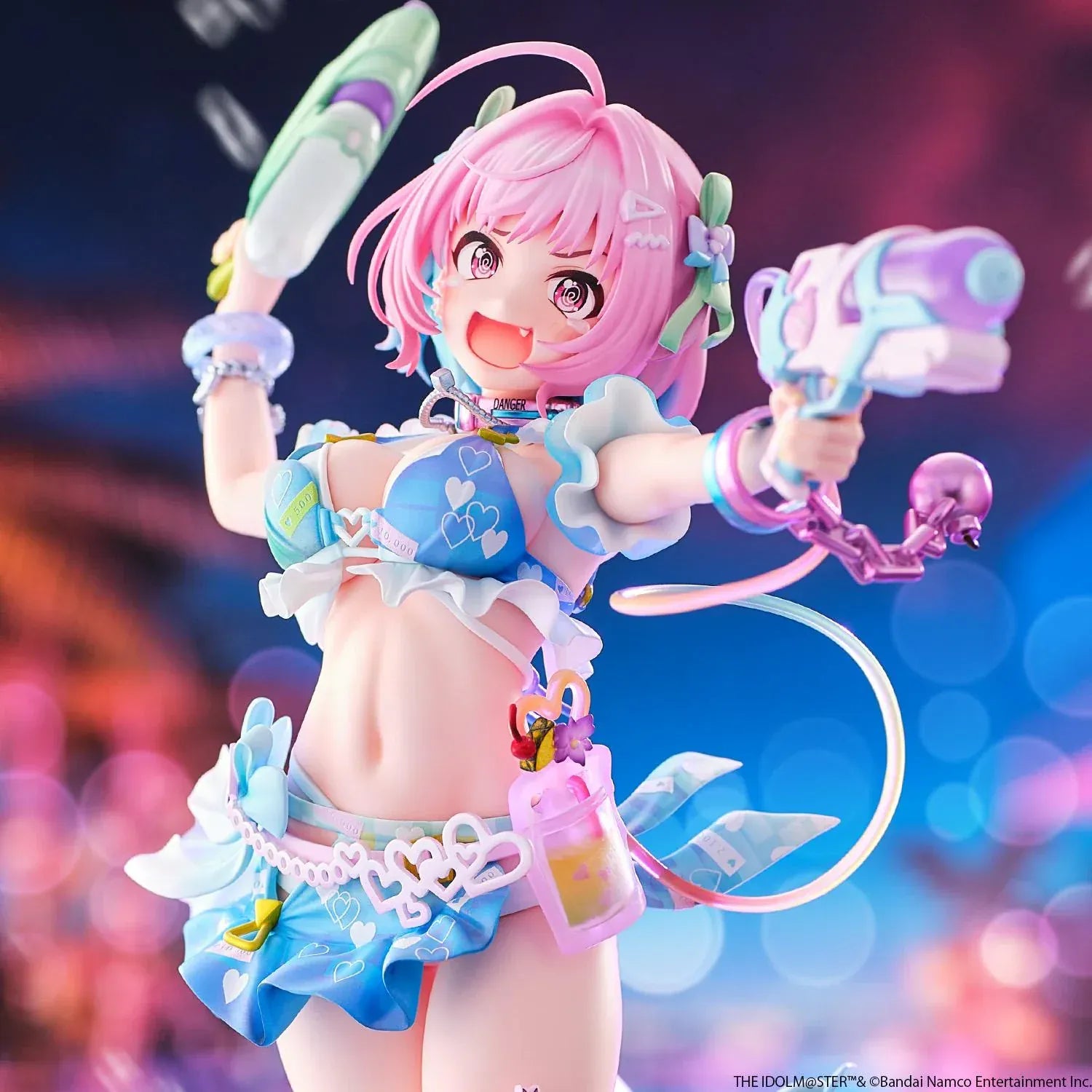 Riamu Yumemi 1/6 scale figure from The Idolmaster Cinderella Girls in pastel blue idol outfit holding water gun accessory on clear display base