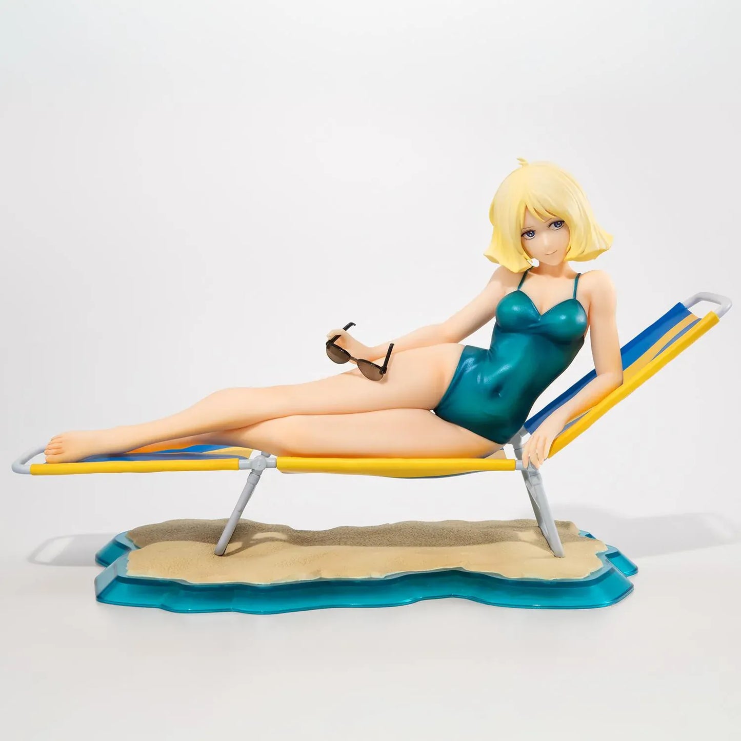 Mobile Suit Gundam Gundam Girls Generation Sayla Mass Break Time Reissue featuring Sayla lounging on a beach chair with teal swimsuit, sunglasses, and beach-themed display base.