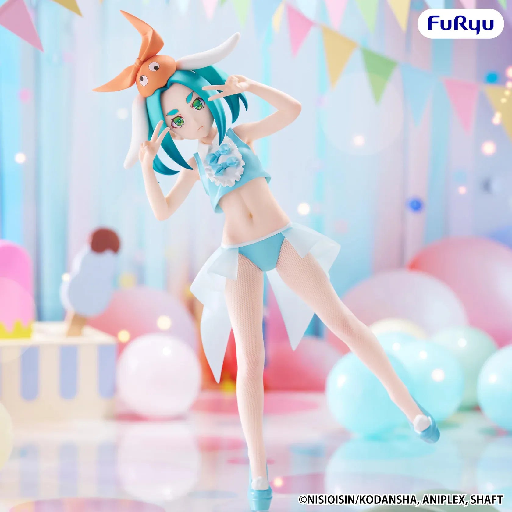 Monogatari BiCute Bunnies Yotsugi Ononoki figure featuring turquoise hair, a light blue bunny outfit, oversized bunny headpiece, fishnet tights, and a playful pose