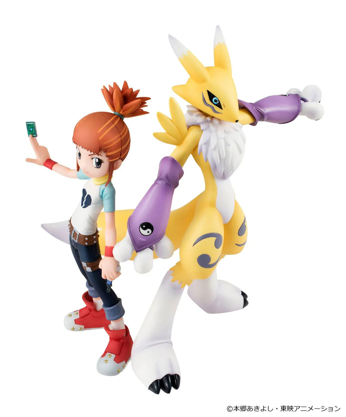 Digimon Tamers G.E.M. Series Renamon and Rika Nonaka figures, with Rika raising a green card beside yellow Renamon wearing purple yin-yang arm guards.