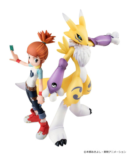 Digimon Tamers G.E.M. Series Renamon and Rika Nonaka figures, with Rika raising a green card beside yellow Renamon wearing purple yin-yang arm guards.