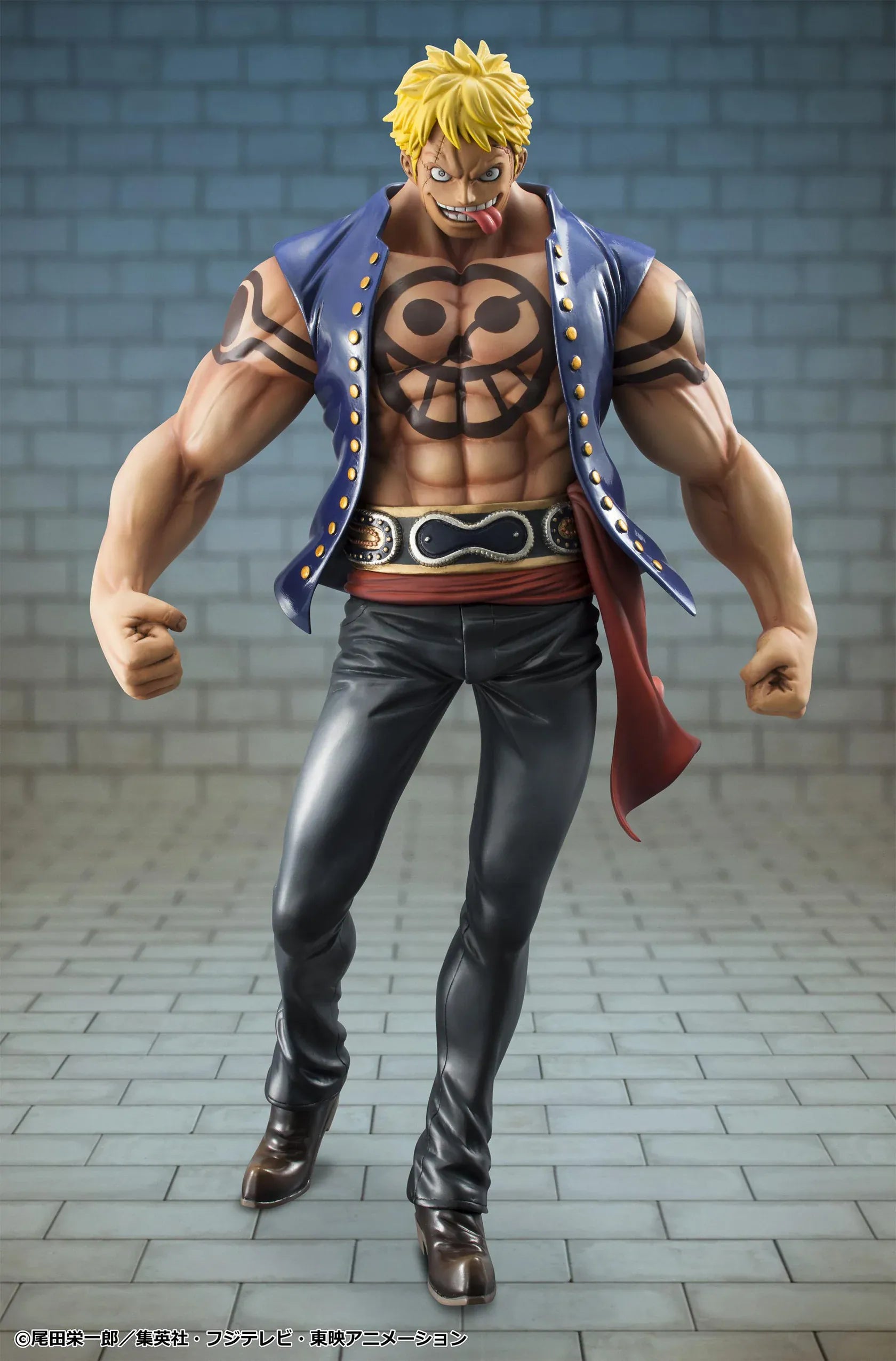 One Piece Portrait of Pirates Bellamy the Hyena Sailing Again Rerelease figure with blonde hair, blue vest, chest tattoo, black pants, and fierce pose