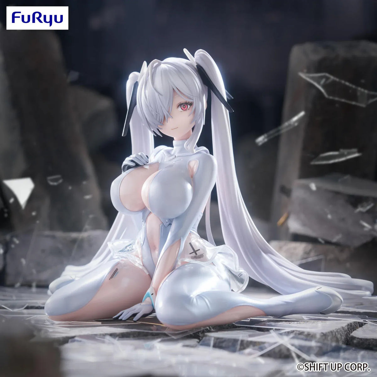 NIKKE Cinderella Noodle Stopper figure seated in a glossy white outfit with translucent skirt details, long white twin tails, and black hair accessories.