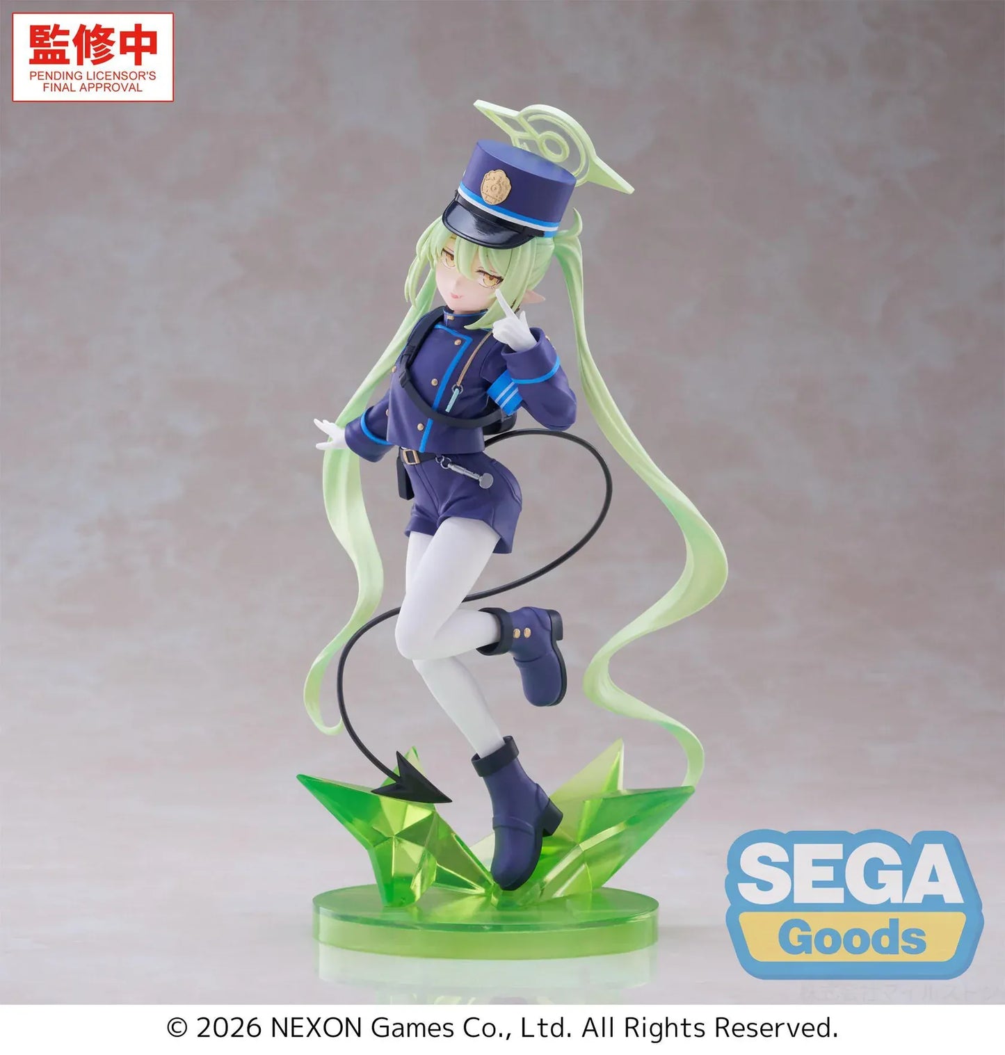 Blue Archive XStellar Nozomi Figure with green hair, uniform outfit, hat, and green crystal-style display base
