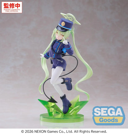 Blue Archive XStellar Nozomi Figure with green hair, uniform outfit, hat, and green crystal-style display base