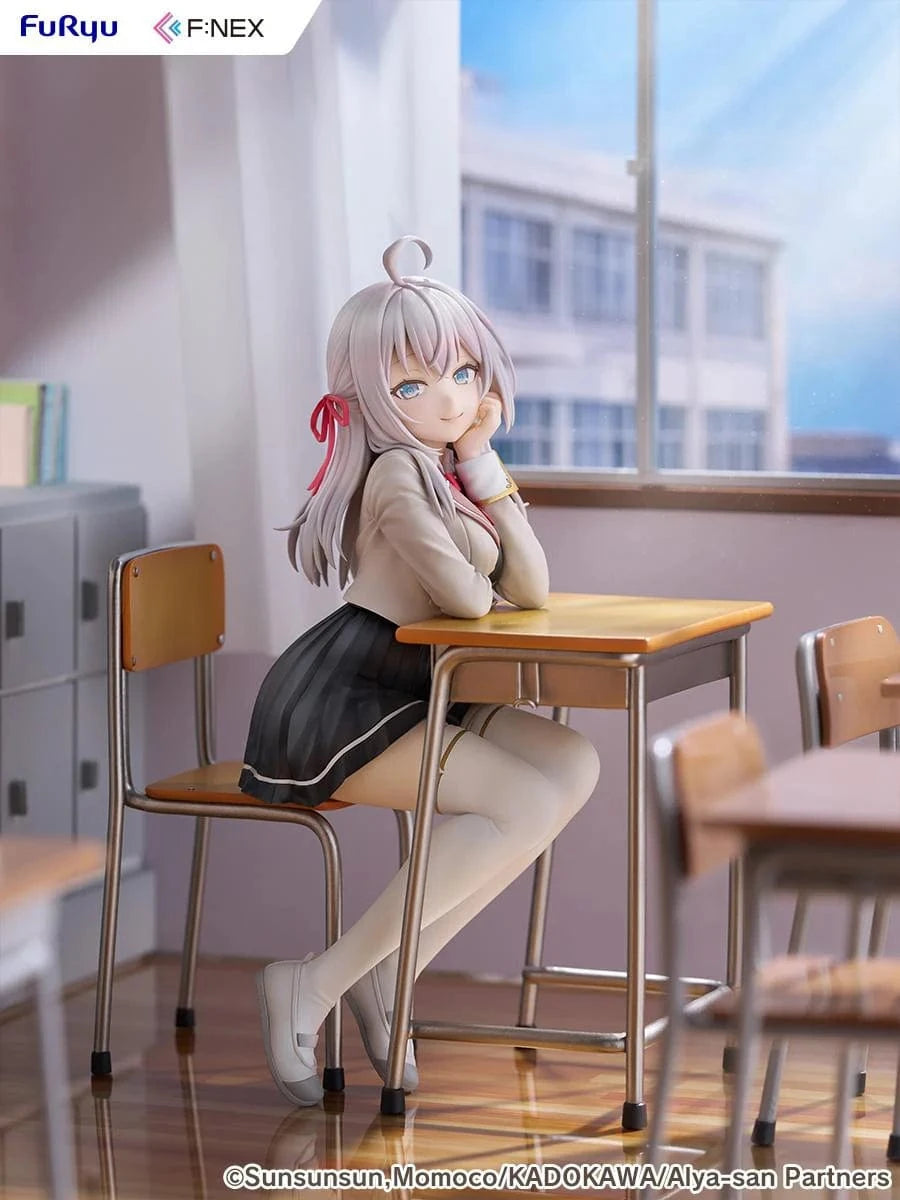 Alya Sometimes Hides Her Feelings in Russian Alya 1/7 Scale Figure by FuRyu F:NEX featuring Alya sitting at a school desk with silver hair and red ribbons