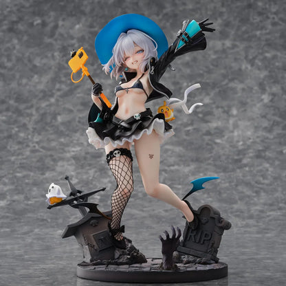 Azur Lane Jade 1/6 scale figure with silver hair, a blue witch hat, and a black ruffled outfit posed above a detailed graveyard base.