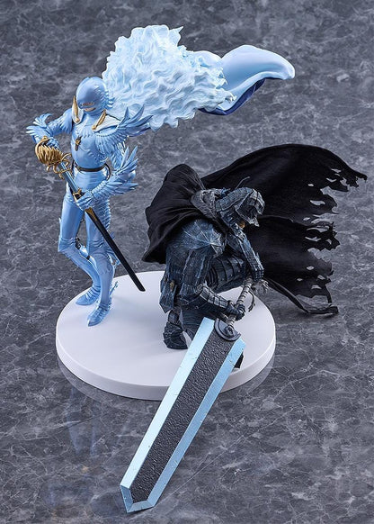 Berserk Guts and Griffith figure set, with Guts crouching in black armor holding a massive sword and Griffith standing in pale blue armor with flowing white hair.