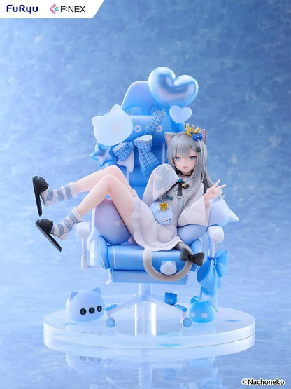 Nachoneko Birthday Ver. 1/7 Scale Figure by FuRyu F featuring a silver-haired cat girl with a golden crown relaxing in a blue gaming chair decorated with balloons, ribbons, and cat accessories.