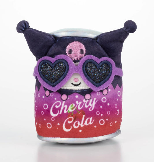 Kawaii YumYum MART DINER Kuromi COLA plushie shaped like a purple and red cherry cola can with pointed ears, a pink skull, and heart-shaped sunglasses.