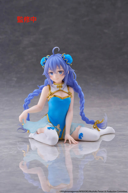 Mushoku Tensei Desktop Cute Roxy Migurdia Chinese Dress Ver. figure seated in a blue-and-gold dress with long braided hair.
