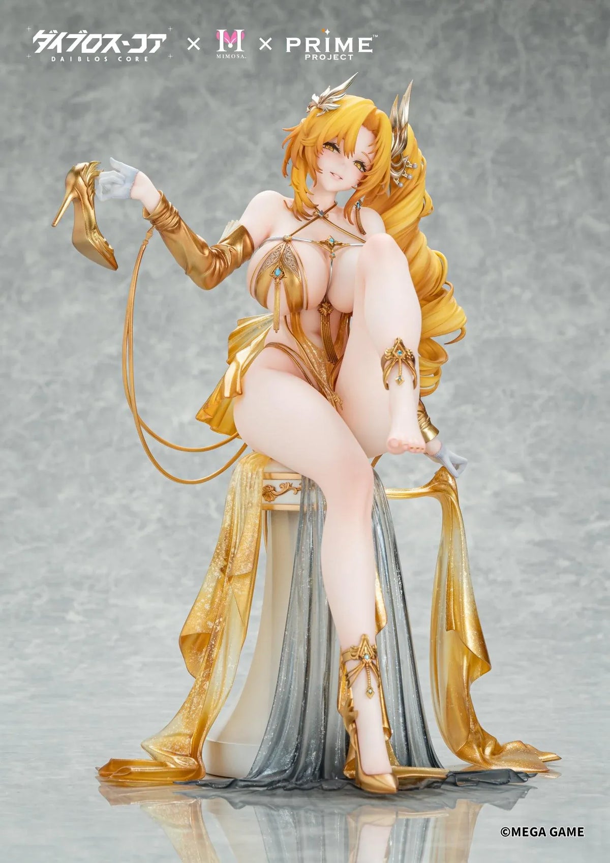 Daiblos Core Lobera Passionate Night Deluxe Edition 1/6 Scale Figure featuring a golden-blonde-haired anime character with golden eyes, an elaborate gold outfit, blue gemstone jewelry, ornate accessories, and flowing gold and silver fabrics seated on a decorative throne-inspired display. Includes an exclusive 300 × 500 mm illustrated wall scroll.