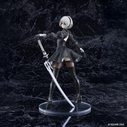 NieR POP UP PARADE 2B YoRHa No.2 Type B L Size Figure featuring a silver-white-haired android wearing a black gothic combat dress, thigh-high boots, and black gloves while holding a large sword on a circular display base.