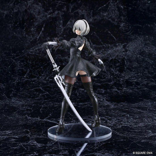 NieR POP UP PARADE 2B YoRHa No.2 Type B L Size Figure featuring a silver-white-haired android wearing a black gothic combat dress, thigh-high boots, and black gloves while holding a large sword on a circular display base.