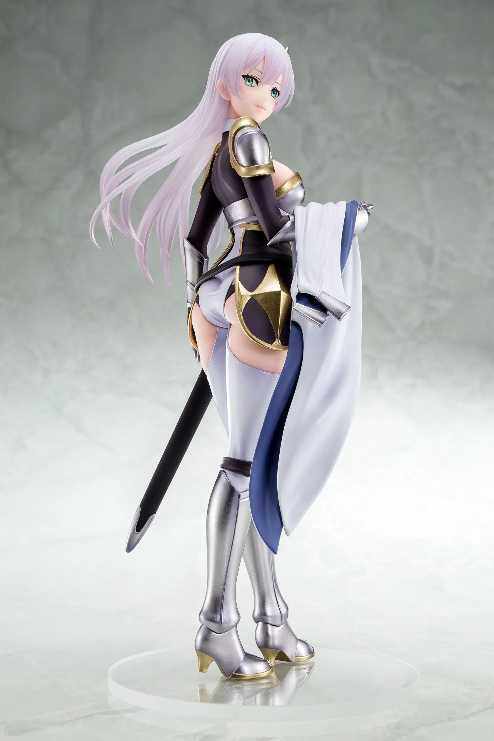 Old Country Bumpkin to Master Swordsman Allucia Citrus 1/6 Scale Figure with pale lavender hair, silver armor, sword accessory, cape, and clear display base