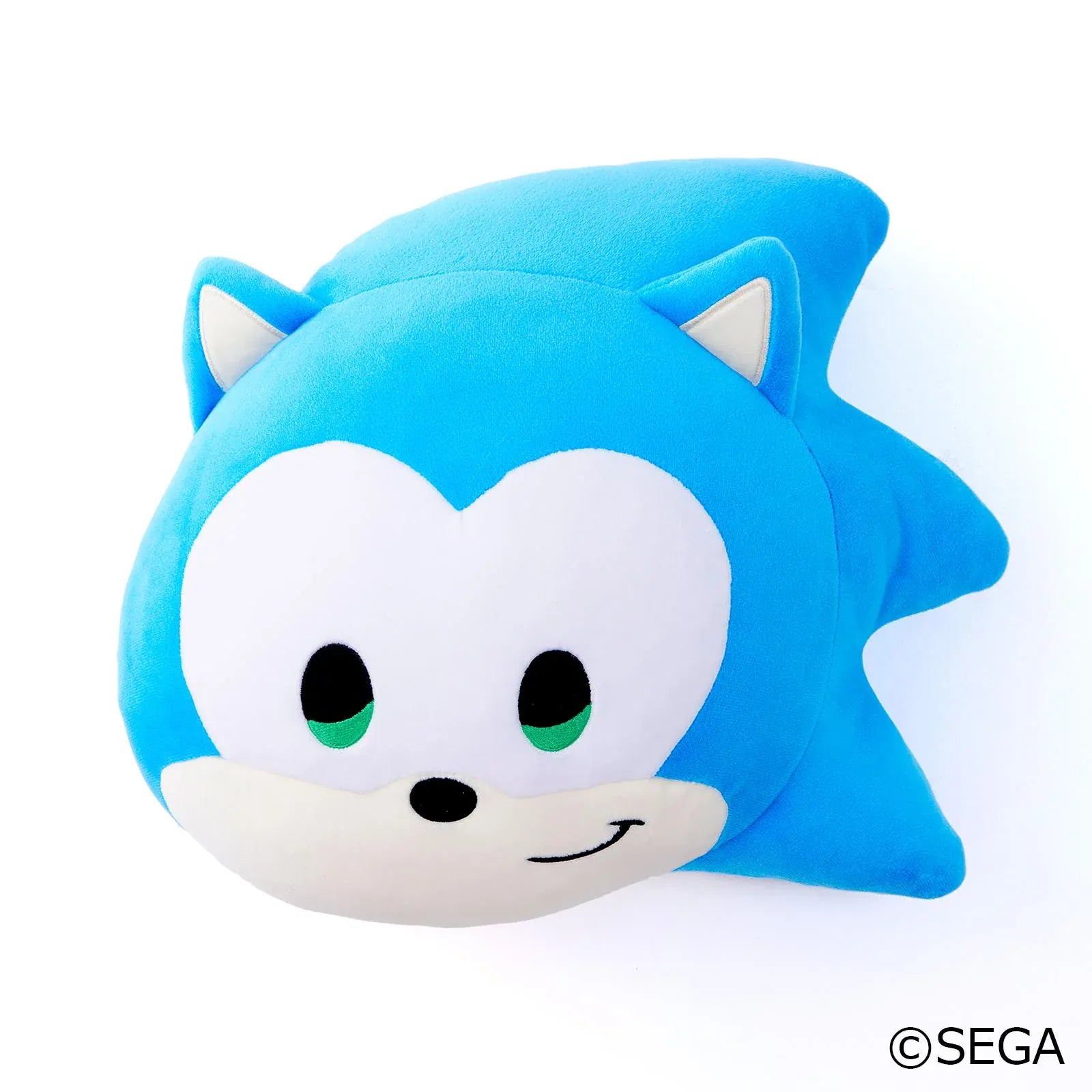 Sonic & Friends Sonic cushion featuring his blue spikes, green eyes, pointed ears, and smiling face.