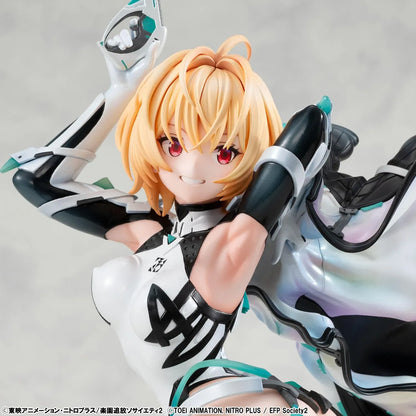 Lucrea Gabriel figure with golden hair, red eyes, black and white futuristic armor, turquoise accents, and a flowing iridescent-lined jacket.
