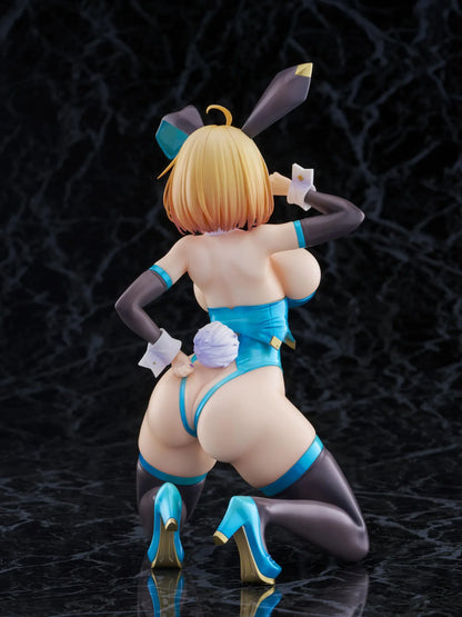 Illustration Sakura Sophia F. Shirring Blue Bunny Ver. 1/6 Scale Figure featuring Sakura Sophia in a blue bunny outfit with blonde hair, bunny ears, card details, and casino-inspired display background.