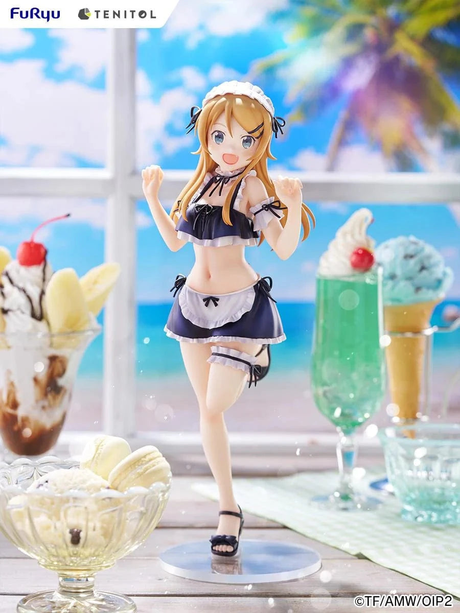 Oreimo Tenitol Tall Kirino Kousaka Swimsuit Maid Ver. Figure featuring Kirino in a navy and white maid swimsuit posing energetically by a beachside dessert setup