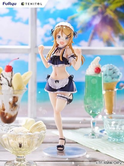 Oreimo Tenitol Tall Kirino Kousaka Swimsuit Maid Ver. Figure featuring Kirino in a navy and white maid swimsuit posing energetically by a beachside dessert setup