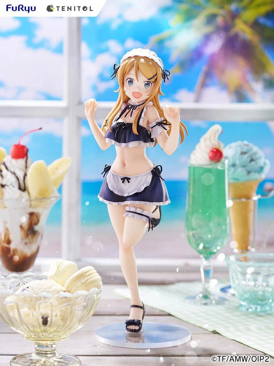 Oreimo Tenitol Tall Kirino Kousaka Swimsuit Maid Ver. Figure featuring Kirino in a navy and white maid swimsuit posing energetically by a beachside dessert setup