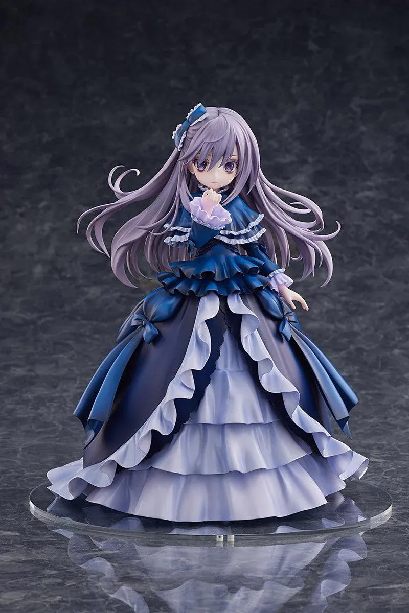 Yu-Gi-Oh! Monster Figure Collection Ghost Belle and Haunted Mansion 1/7 Scale Figure with lavender hair, dark blue gothic dress, layered ruffles, and clear display base