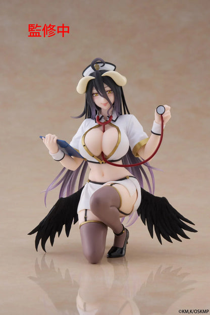 Overlord Desktop Cute Albedo (Nurse Ver.) Figure featuring Albedo in a white nurse outfit with wings, stethoscope, and elegant smile.