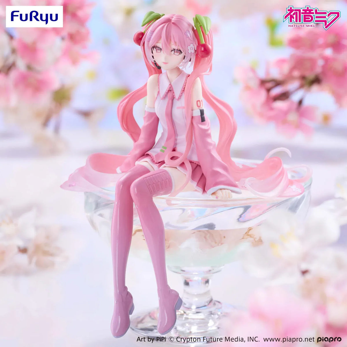Sakura Miku 2026 Smile Ver. Noodle Stopper figure seated with dangling legs, pink twin tails, cherry hair ornaments, a white and pink outfit, and glossy pink boots.