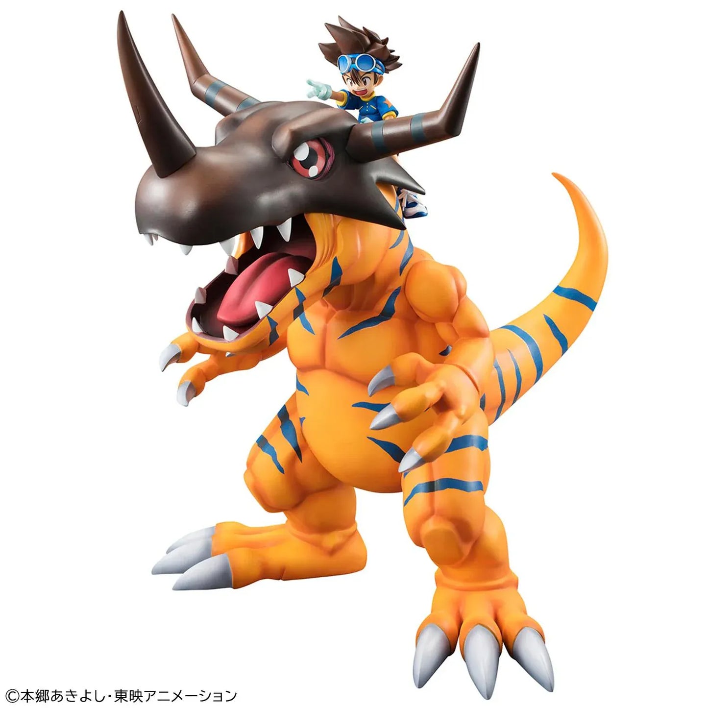 Digimon Adventure Precious G.E.M. Series Greymon and Taichi Yagami Reissue featuring Greymon in a roaring pose with Taichi riding above.