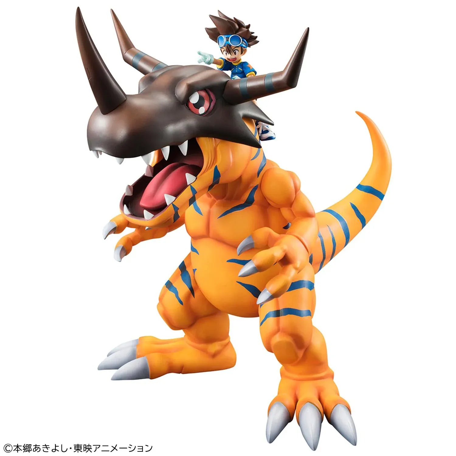 Digimon Adventure Precious G.E.M. Series Greymon and Taichi Yagami Reissue featuring Greymon in a roaring pose with Taichi riding above.