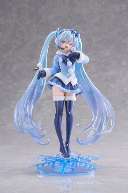 Vocaloid AMP+ Snow Miku All Stars 2012 Ver. Figure with icy blue twin-tails, winter outfit, bird details, and snowflake display base