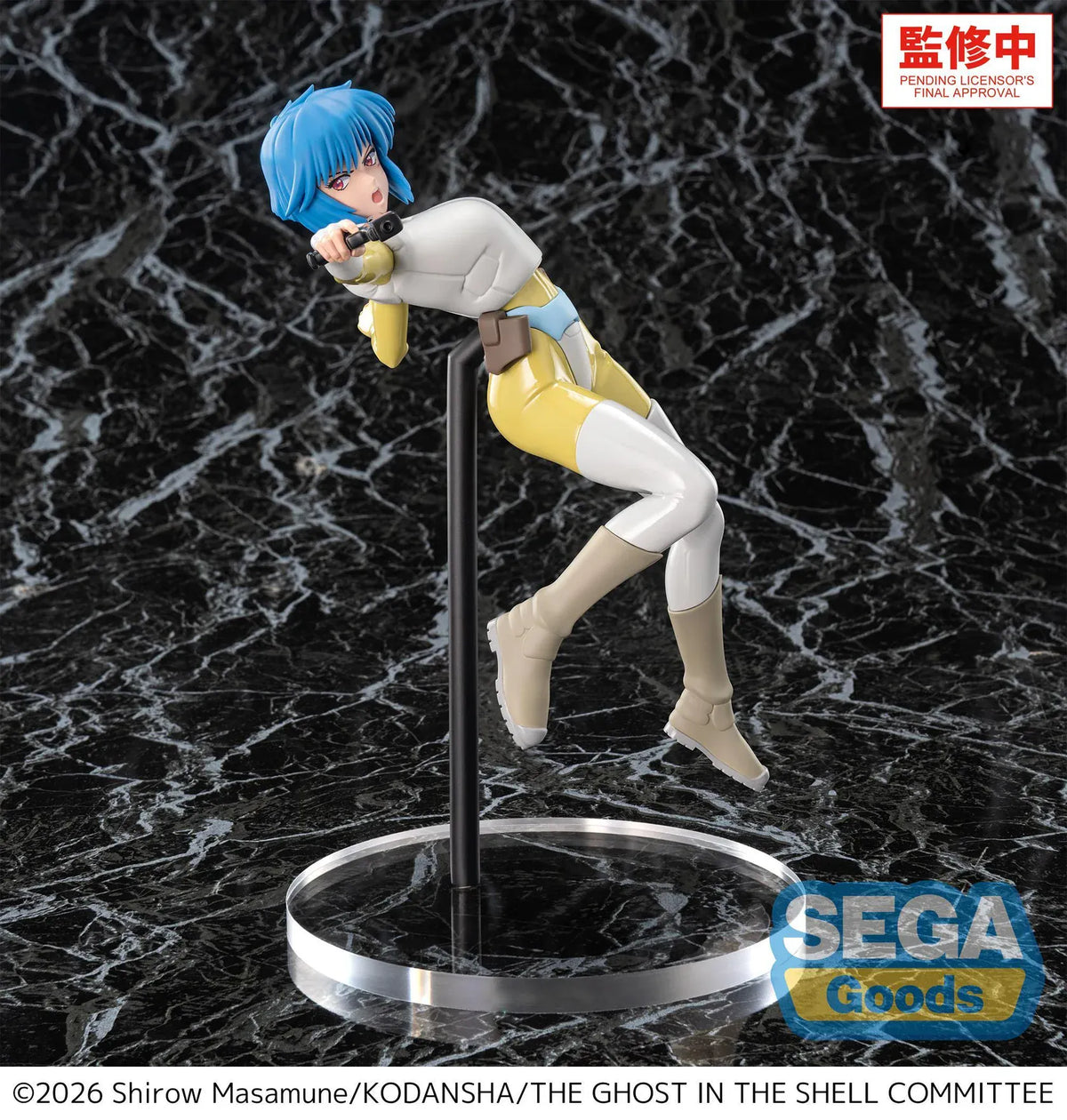 The Ghost in the Shell Luminasta Motoko Kusanagi figure aiming a pistol in a dynamic airborne pose