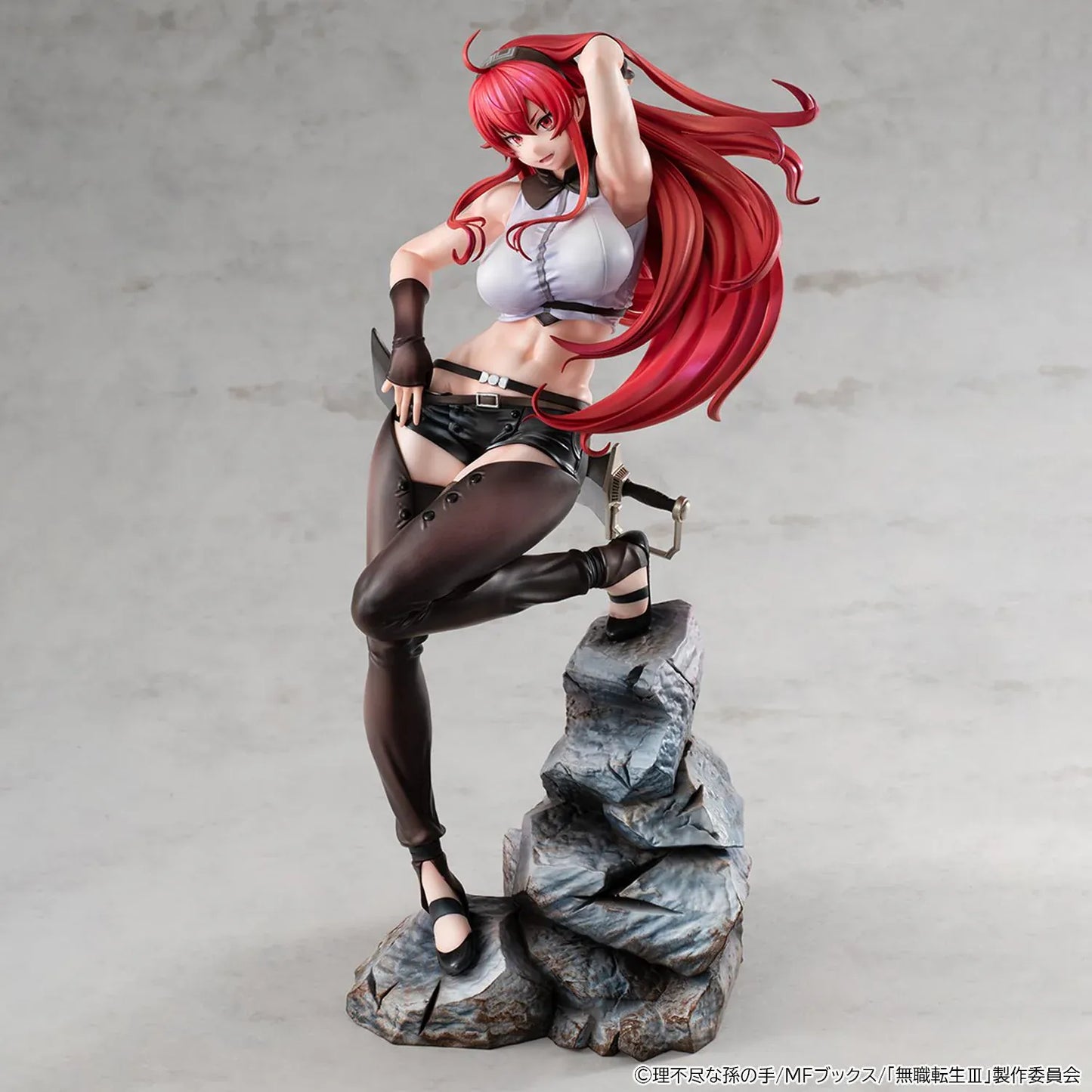 Mushoku Tensei Lucrea Eris Boreas Greyrat Figure with flowing red hair, black and white outfit, and detailed rocky display base