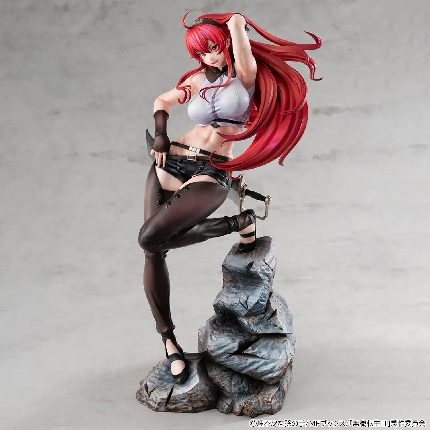 Mushoku Tensei Lucrea Eris Boreas Greyrat Figure with flowing red hair, black and white outfit, and detailed rocky display base