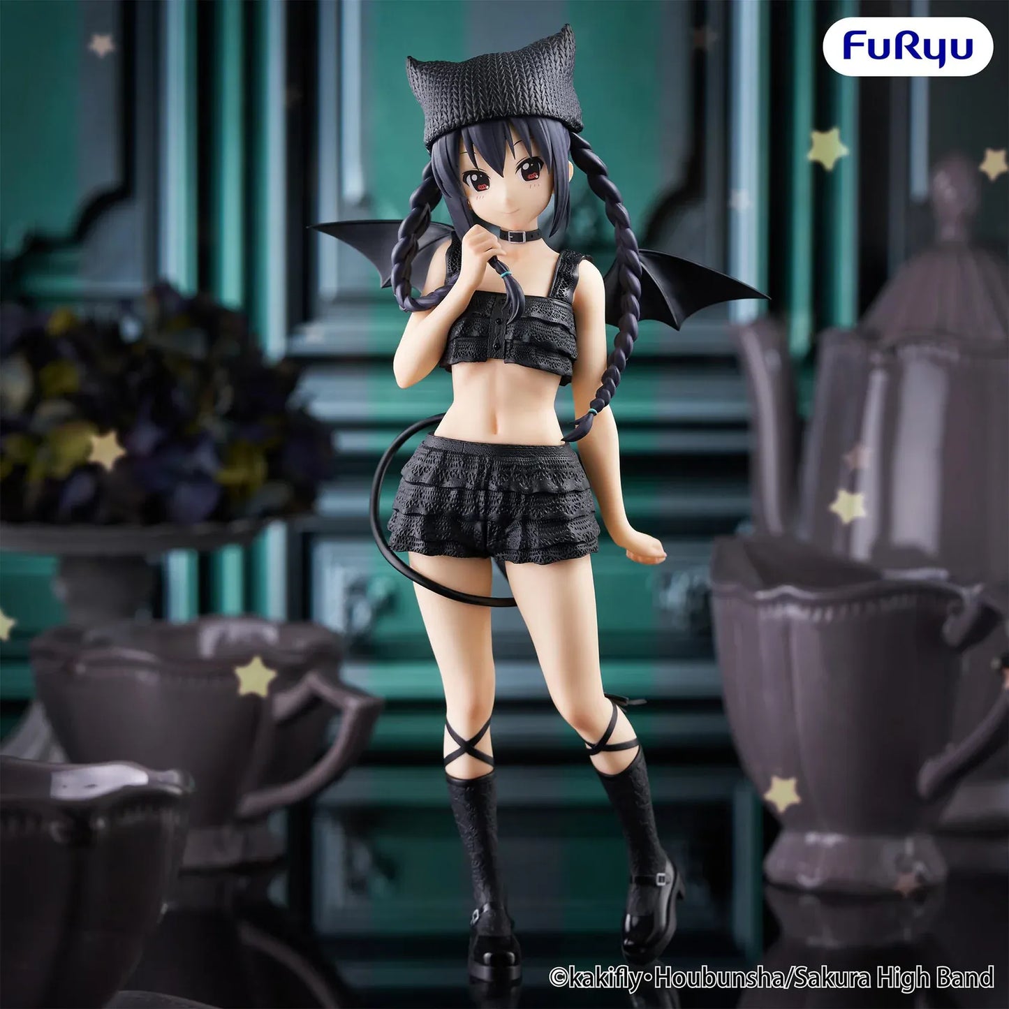 K-On! BiCute Dark Azusa Nakano Figure with black outfit, braided hair, cat-ear style hat, wings, and gothic-inspired design