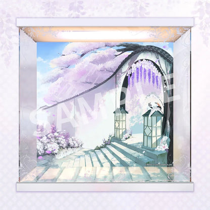 Azur Lane Musashi Purest Wisteria LED acrylic display case with white borders, overhead lighting, clear panels, and illustrated wisteria garden scenery.