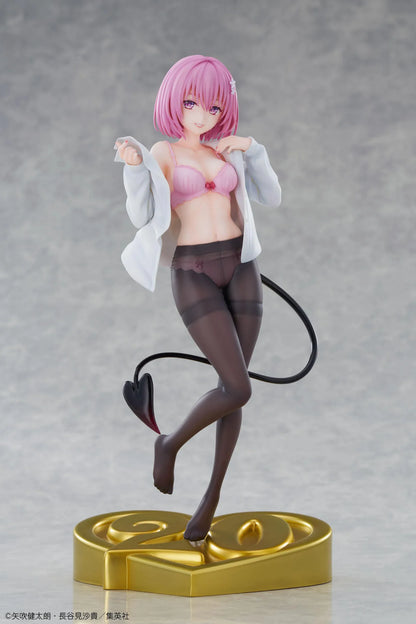 To Love-Ru Darkness Momo Belia Deviluke anniversary figure with pink hair, a white shirt, and a curved black tail on a gold heart-shaped “20” base.