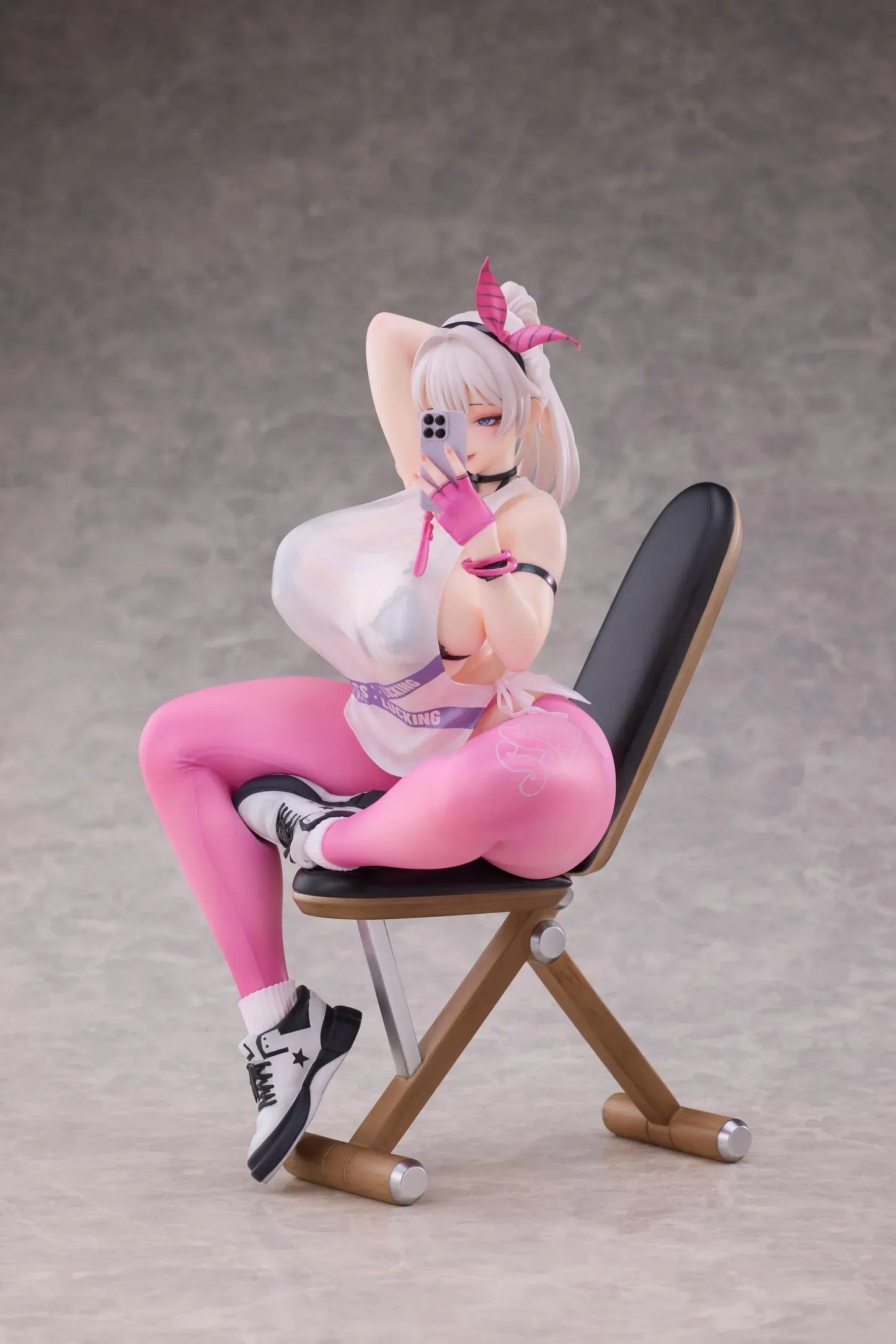 Kyou wa Mune Tore 1/6 scale figure by RST featuring sporty pink outfit, selfie pose, foldable chair, and deluxe bonus items