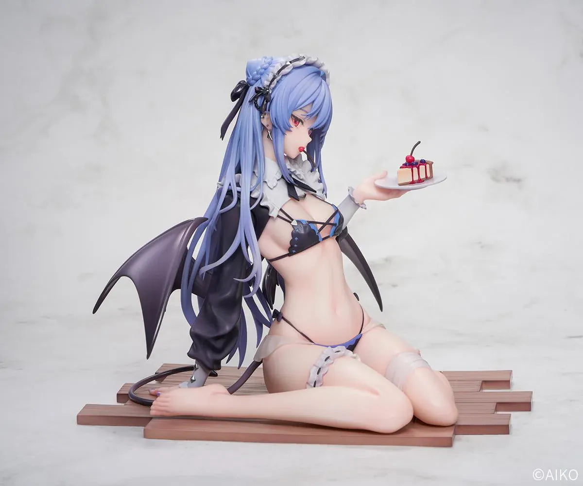 NIYA Maid Ver. figure illustrated by AIKO, with blue hair, a frilled headband, dark wings, and a dessert plate, seated on a wood-patterned base.