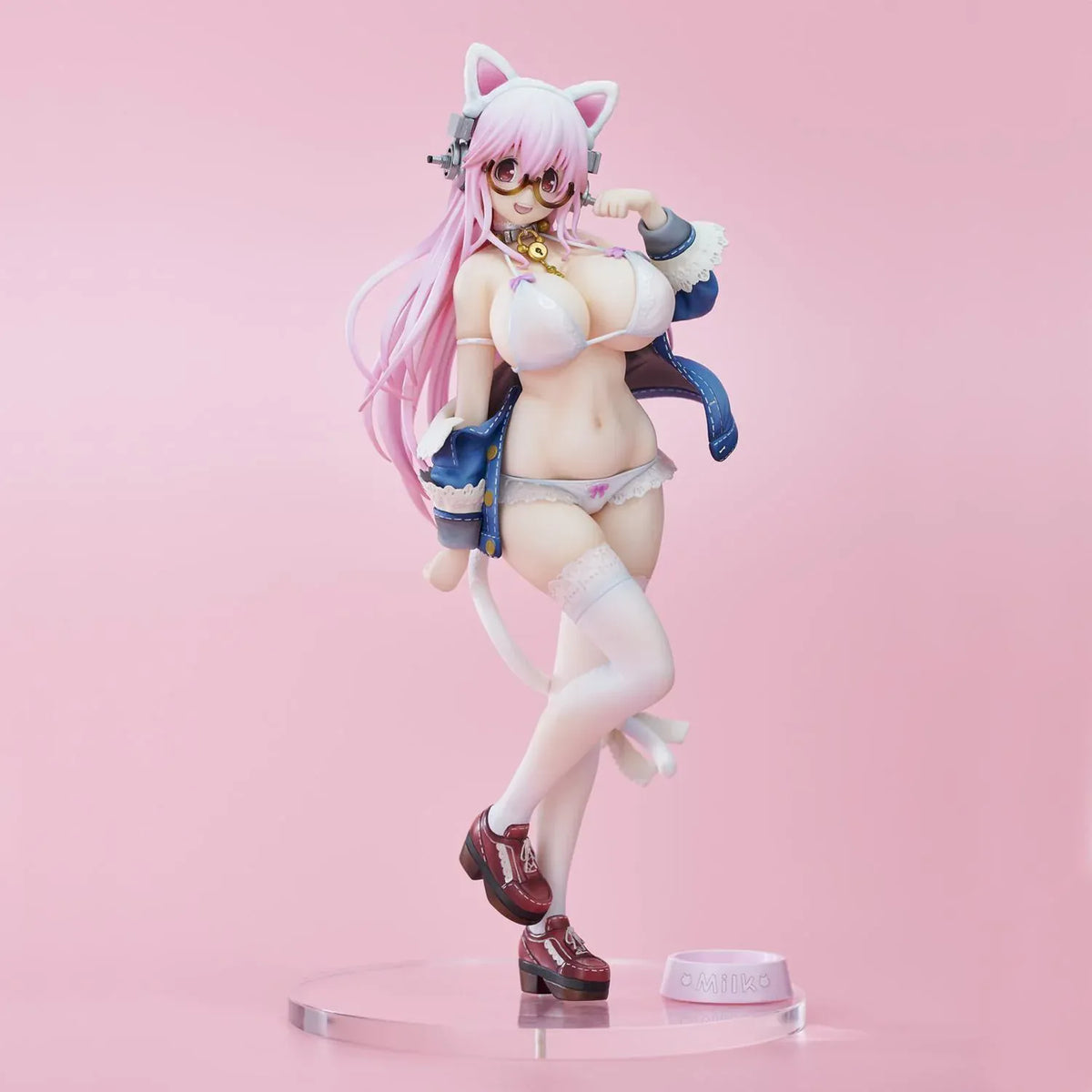 Super Sonico White Cat Ver. figure with pink hair, cat ears, glasses, blue jacket, white outfit, and milk bowl on a clear base.