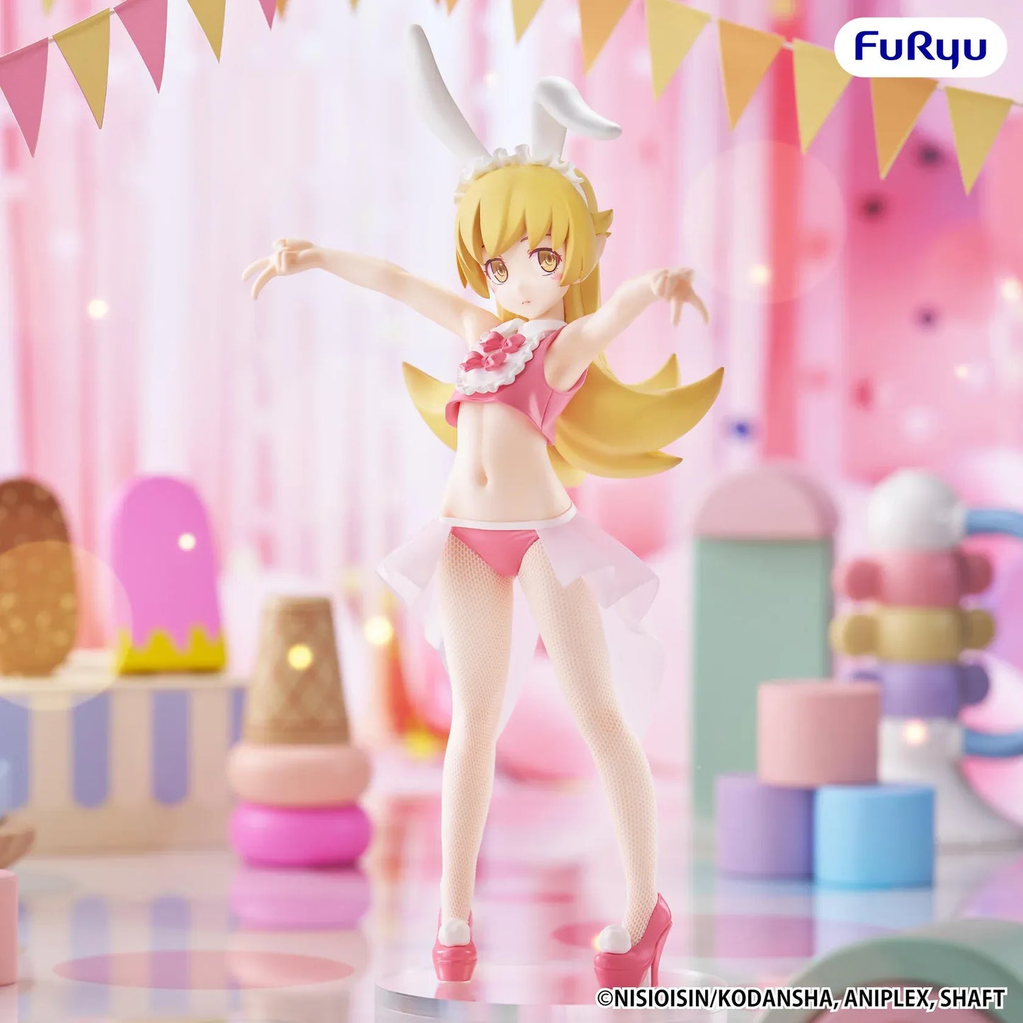 Monogatari BiCute Bunnies Shinobu Oshino Figure wearing a pink and white bunny outfit with white fishnet tights and bunny ears