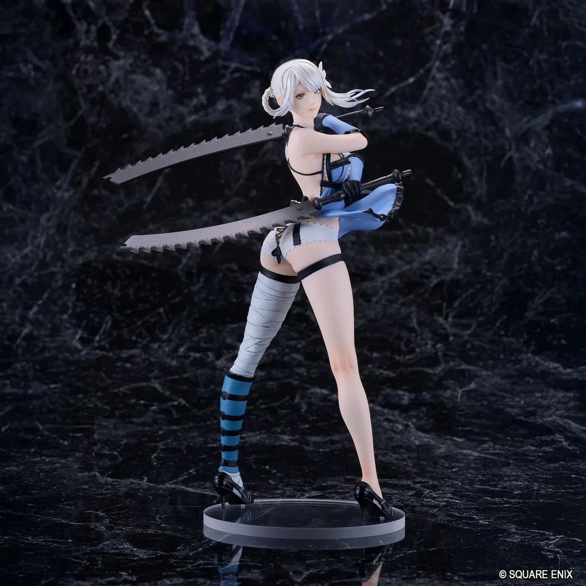 NieR POP UP PARADE Kaine L Size Figure featuring a white-haired character wearing a revealing blue and black outfit with lace details, one bandaged leg, and black high heels while holding two large swords in a dynamic pose.