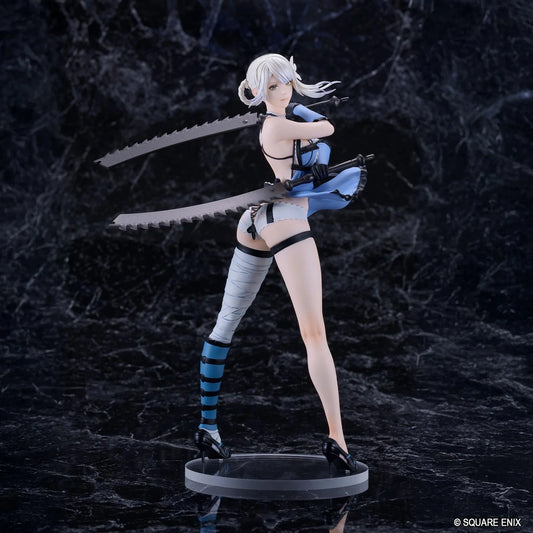 NieR POP UP PARADE Kaine L Size Figure featuring a white-haired character wearing a revealing blue and black outfit with lace details, one bandaged leg, and black high heels while holding two large swords in a dynamic pose.