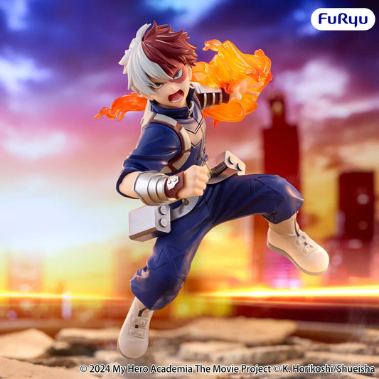 My Hero Academia You're Next Muchute Shoto Todoroki figure in a navy hero costume, posed with one knee raised and orange flames around his extended arm.